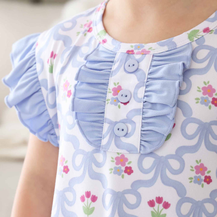 bow and flower periwinkle front button nightgown for girls with ruffles 