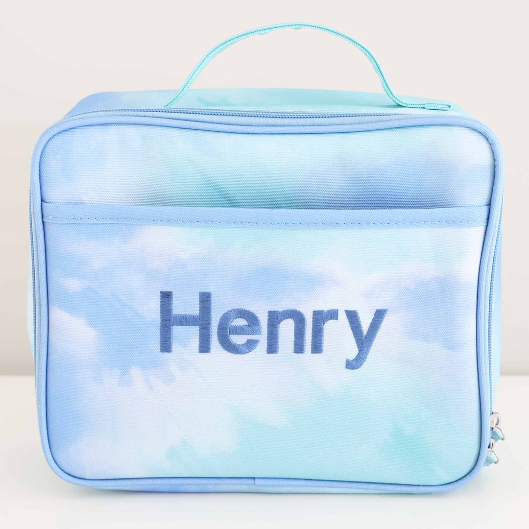 tie dye name lunch box for boys blue and mint green 
