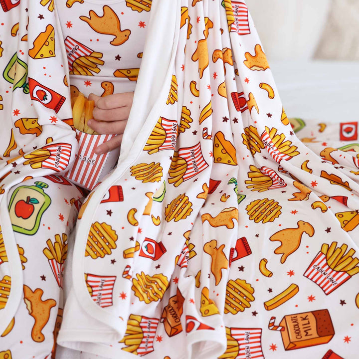 french fry, chicken nugget,  mac and cheese, chocolate milk, juice and cheese bamboo blanekt for kids 