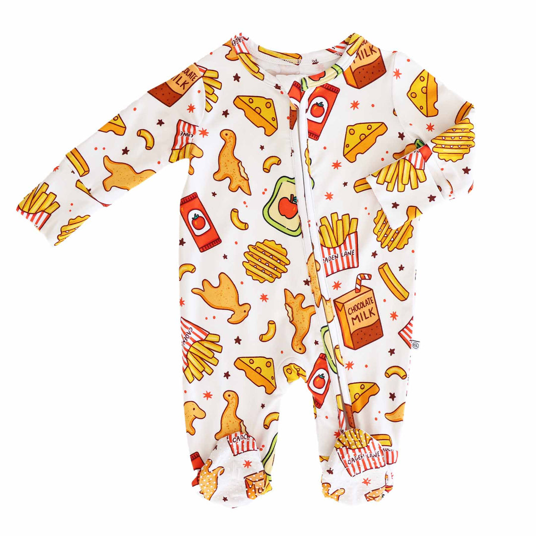 bamboo viscose baby footie with dino chicken nuggets, fries, cheese, applesauce and ketchup