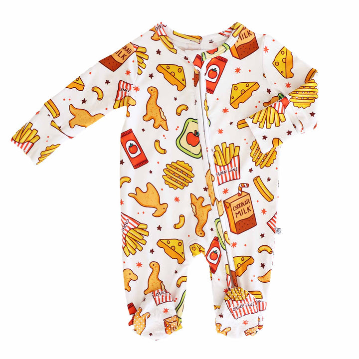 bamboo viscose baby footie with dino chicken nuggets, fries, cheese, applesauce and ketchup