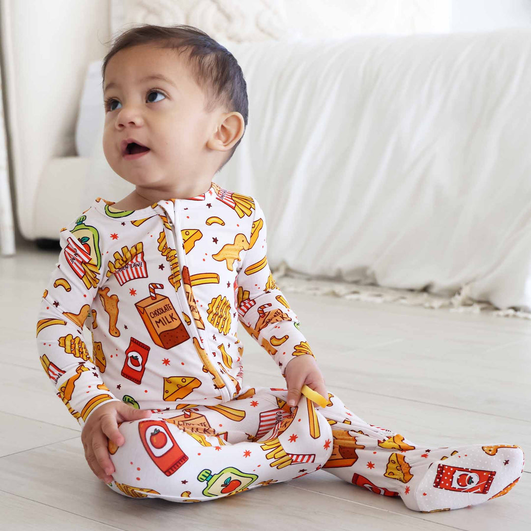 macaroni, cheese, chocolate milk, french fry, chicken nugget, applesauce and ketchup bamboo viscose double zipper baby footie 