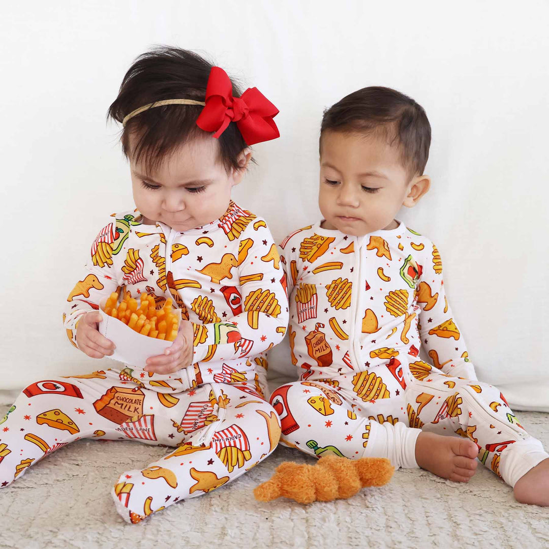 sibling matching pajamas with fast food in a footie and convertible zip romper 