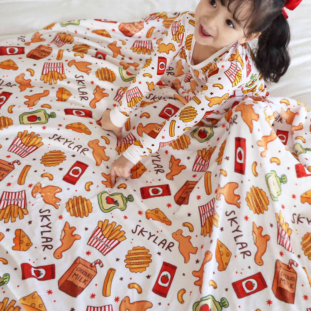 personalized minky blanket for kids with chicken nuggets, fries, juice, cheese and more