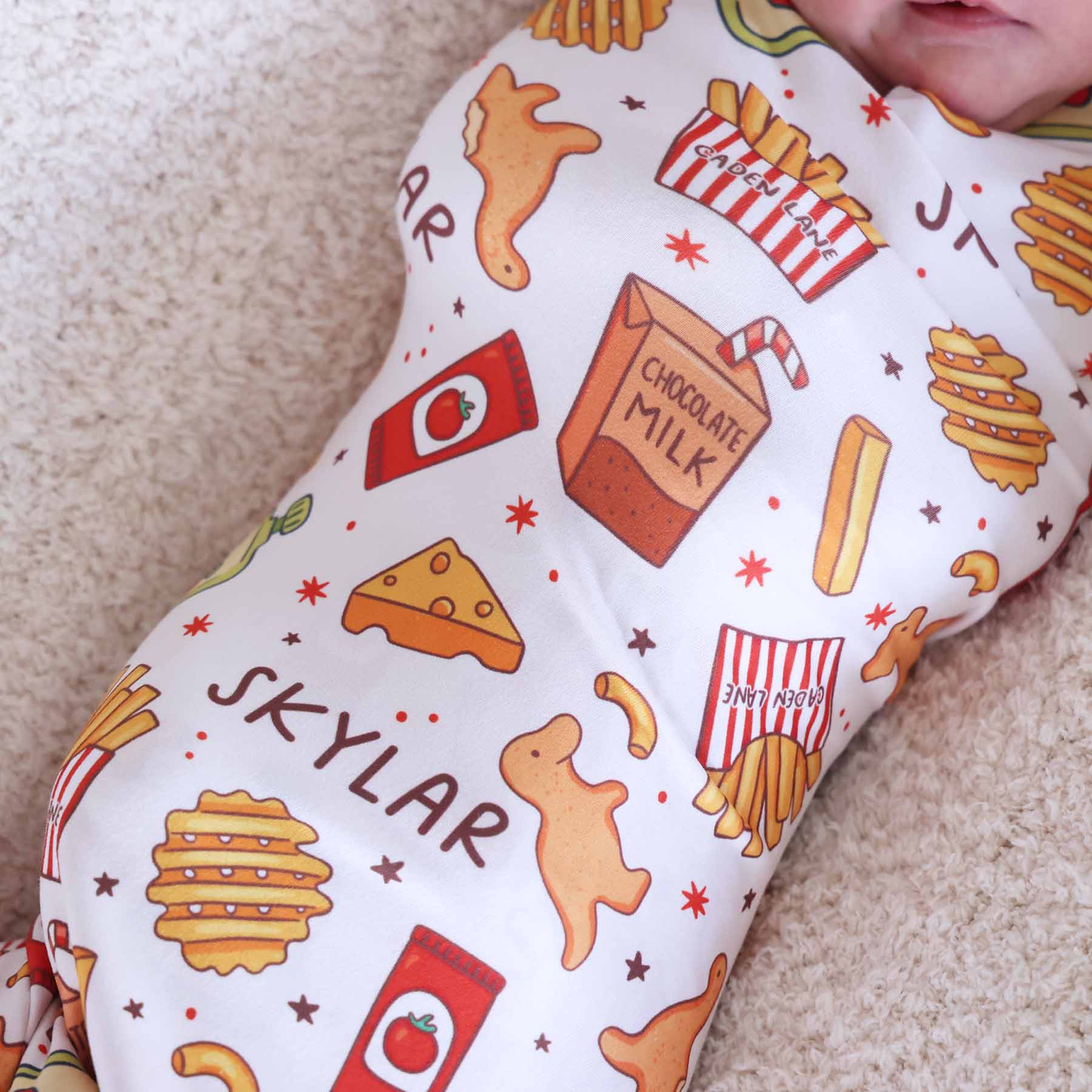 fry, chocolate milk, chicken nugget and  ketchup packet personalized swaddle blanket for babies 