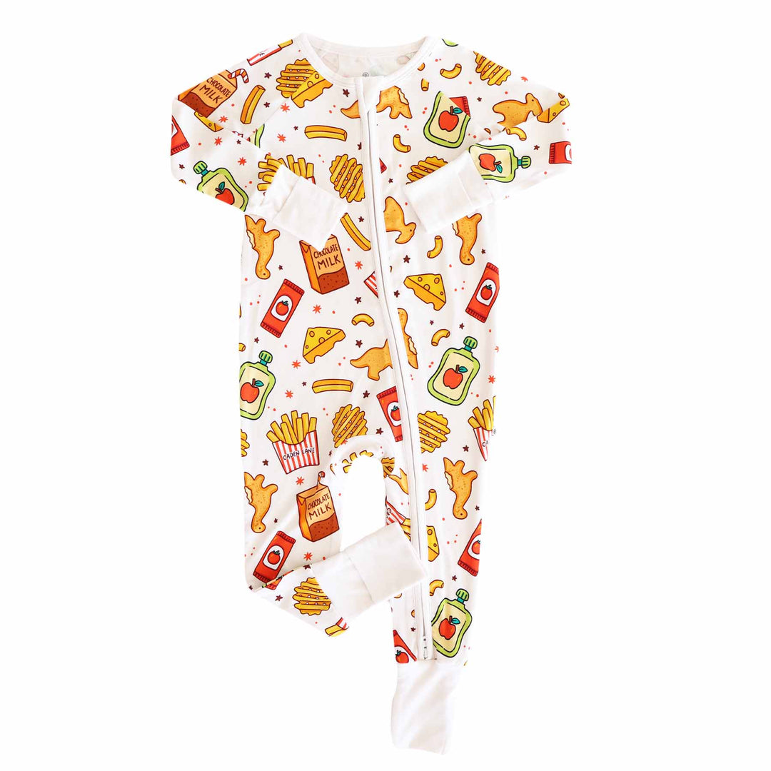 fast food themed convertible zip romper pajama for babies and toddlers gender neutral 