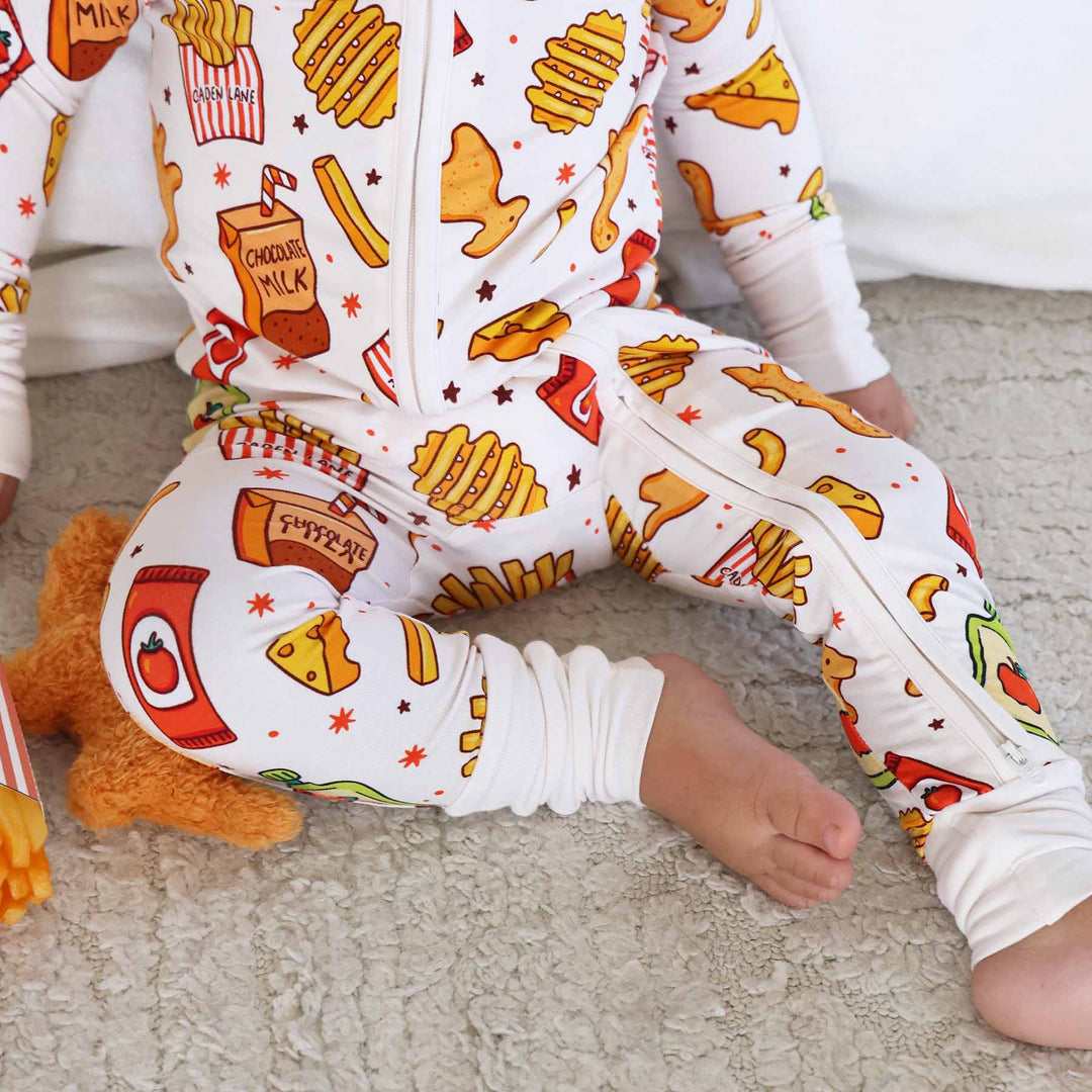 white, yellow, brown, red and green fast food themed baby zip romper