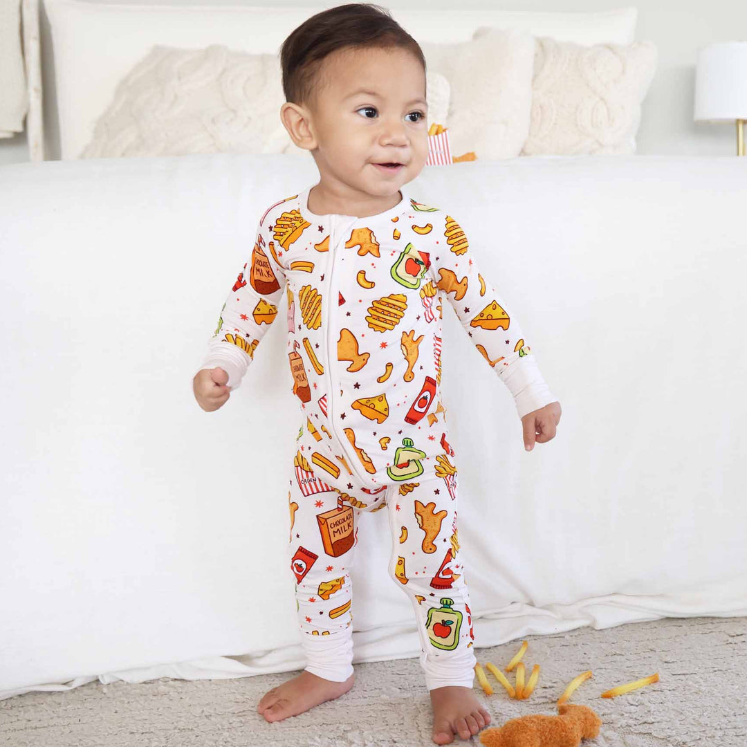 fast food themed convertible zip romper pajama for babies and toddlers