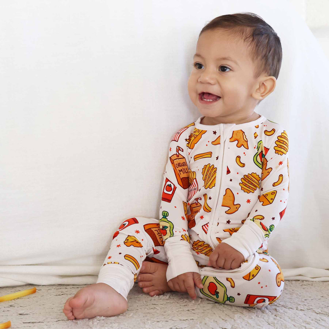 fast food themed convertible zip romper in bamboo viscose fabric 