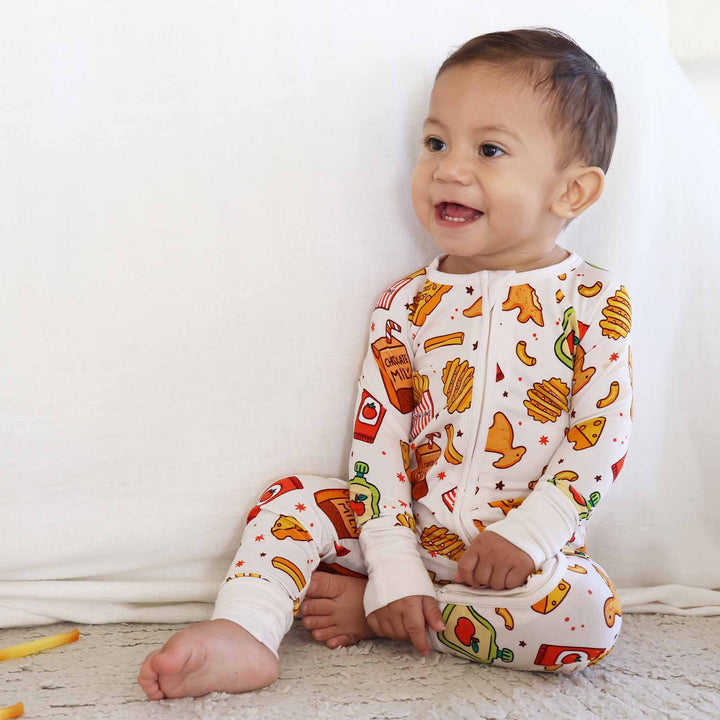 fast food themed convertible zip romper in bamboo viscose fabric 