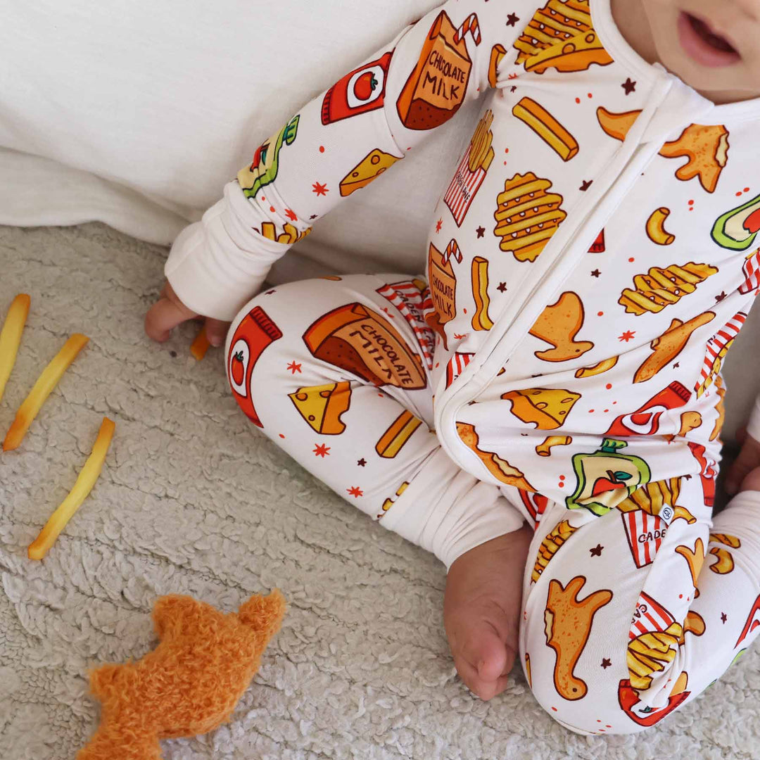 convertible zip romper pajama with flip mitts and footies in the the tiny bites black friday exclusive print 