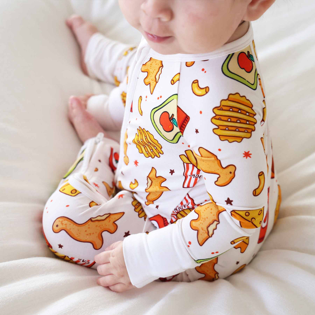 fast food themed convertible zip romper pajama with star accents 