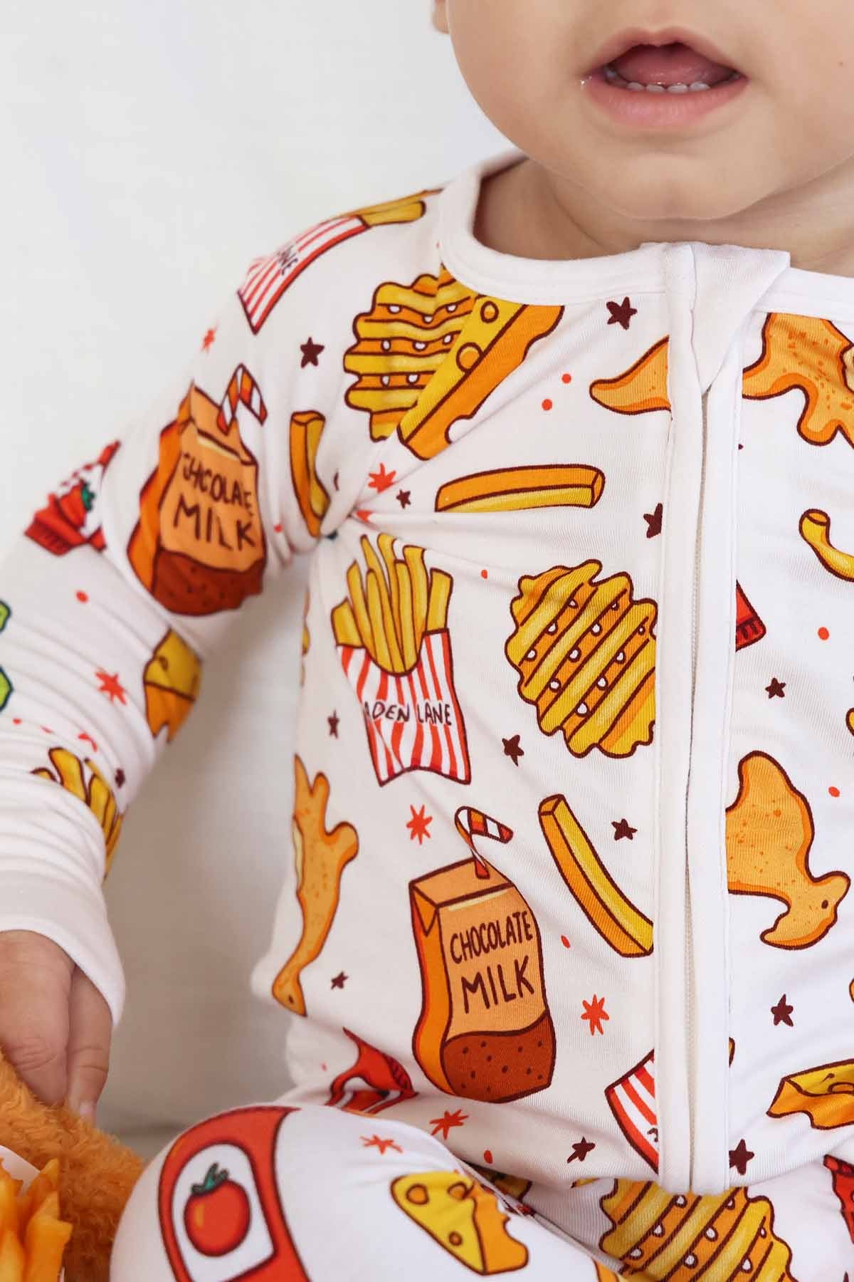 french fry, dino chicken nugget, applesauce and macaroni bamboo convertible zip romper 