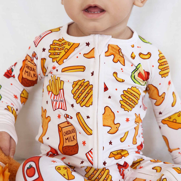 french fry, dino chicken nugget, applesauce and macaroni bamboo convertible zip romper 