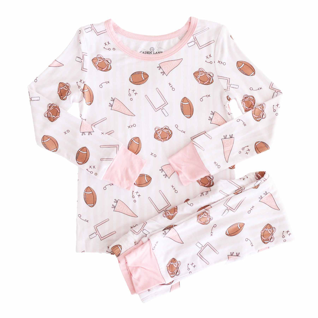pink football two piece pajama set for girls 