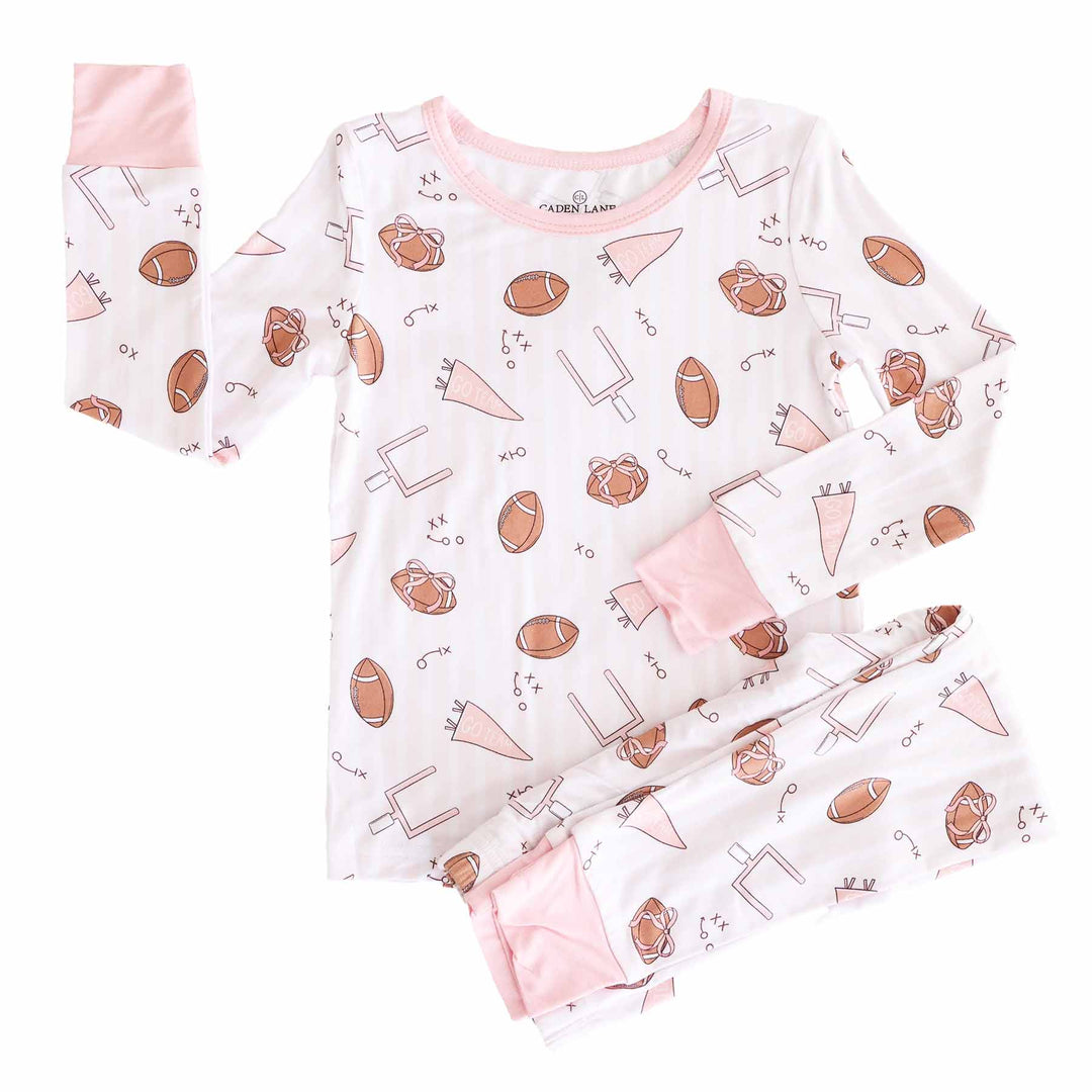 tiny touchdowns two piece pajama set for girls with stripes 