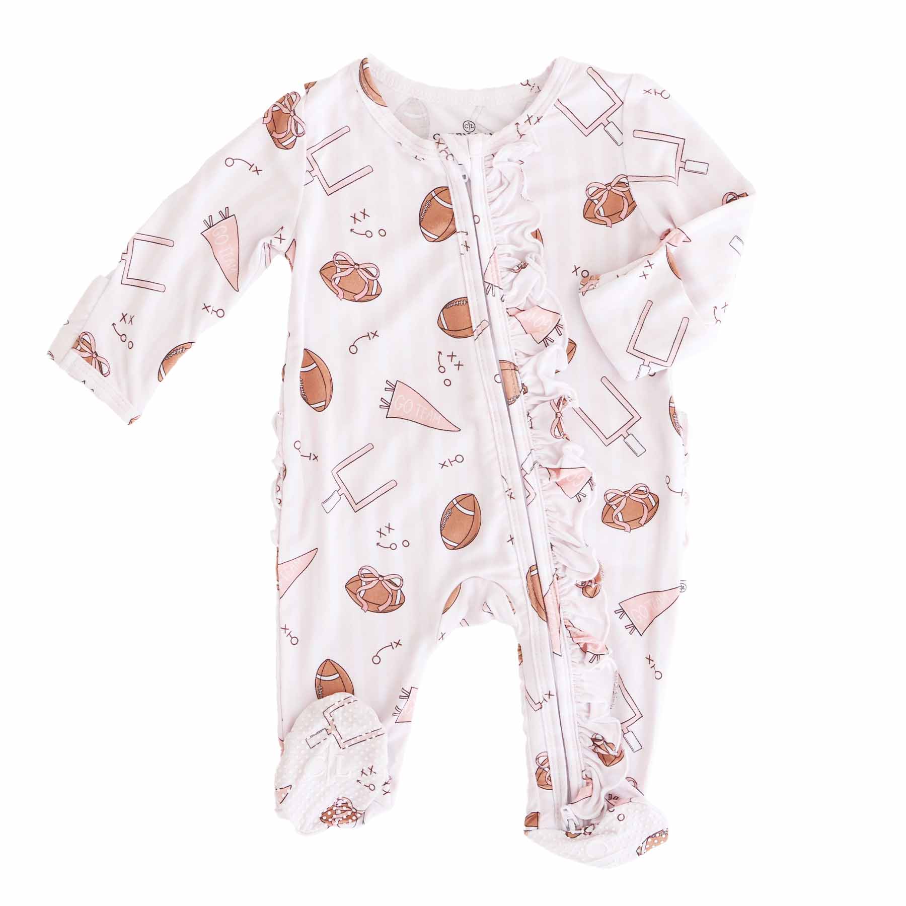 Tiny Touchdowns Ruffle Zipper Footie in Pink | Caden Lane