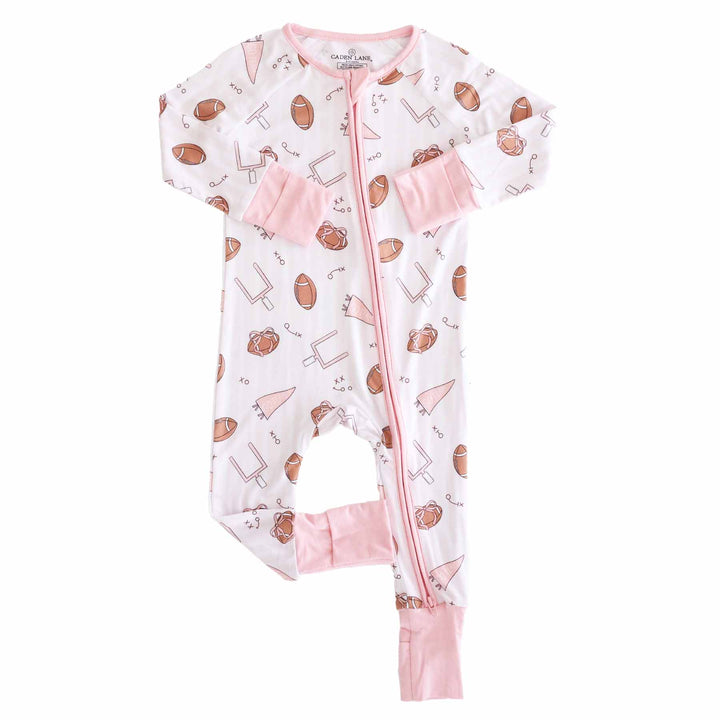 girly pink football convertible zip romper pajama 