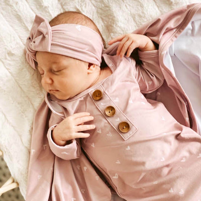 tiny hearts in dusty pink newborn baby knot gown and hat set 