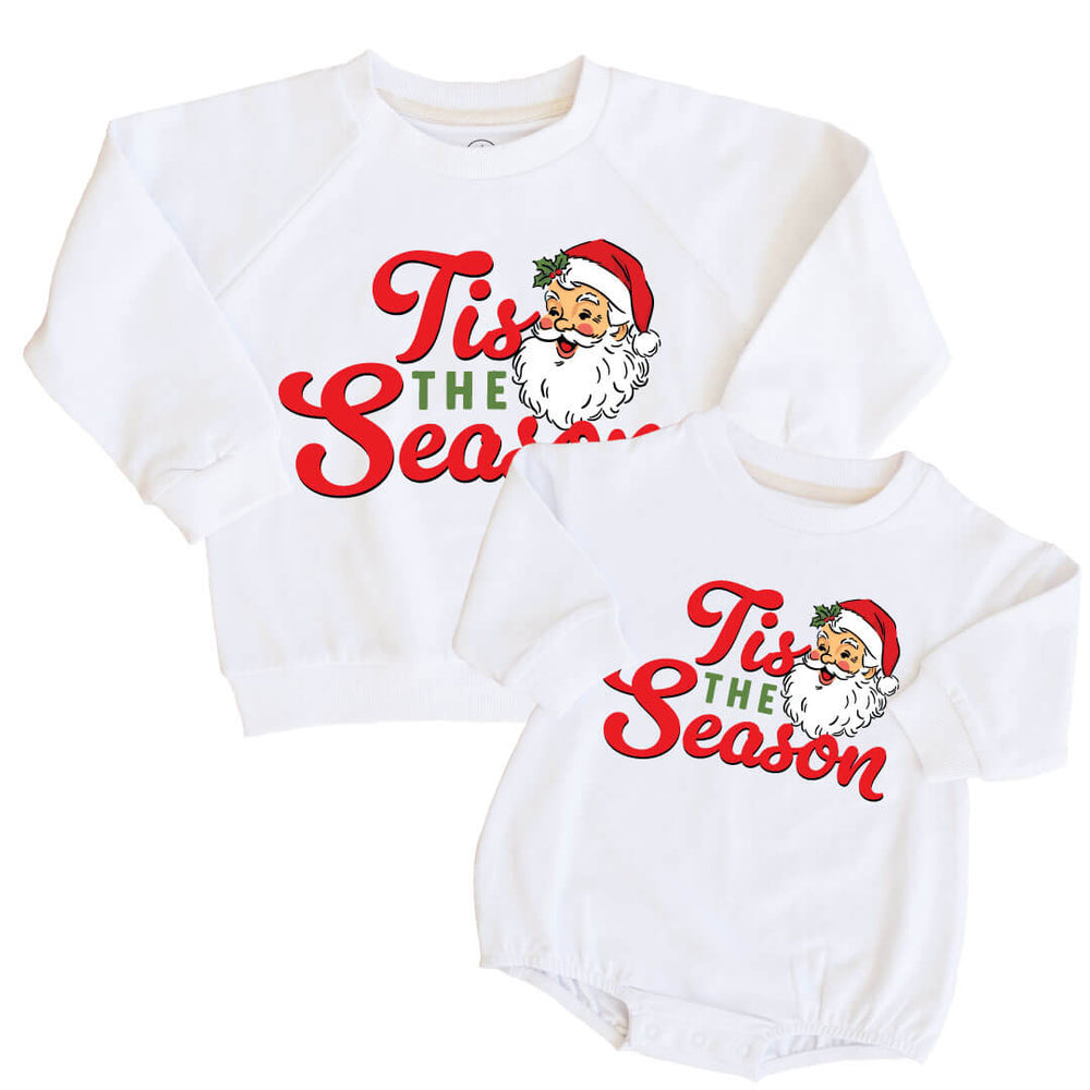 tis the season graphic sweatshirt and bubble romper for kids and babies with vintage santas 