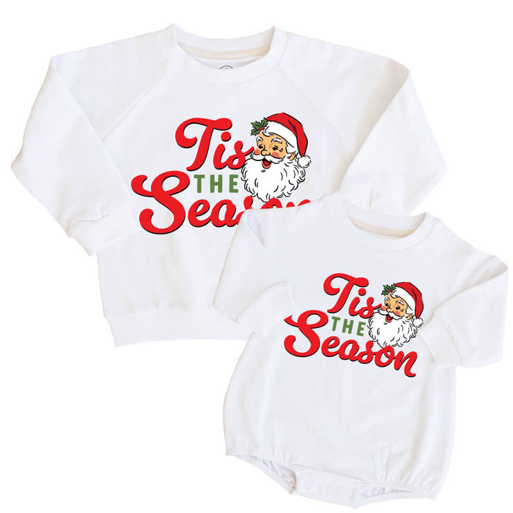 tis the season graphic sweatshirt and bubble romper for kids and babies with vintage santas 
