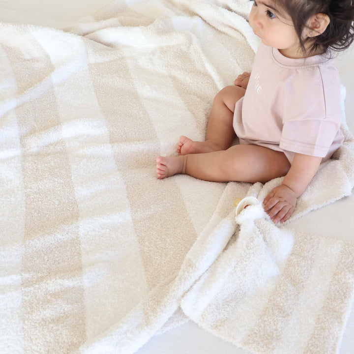 toffee stripe cuddlelane luxe blanket for babies, toddlers and kids with matching lovey