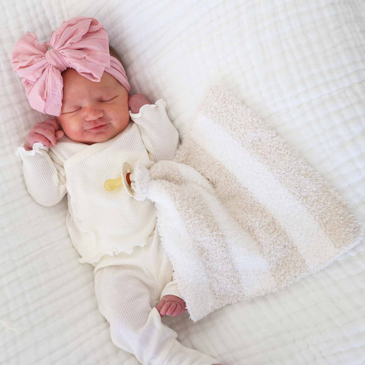 beige and white stripe cuddlelane luxe lovey for babies gender neutral 