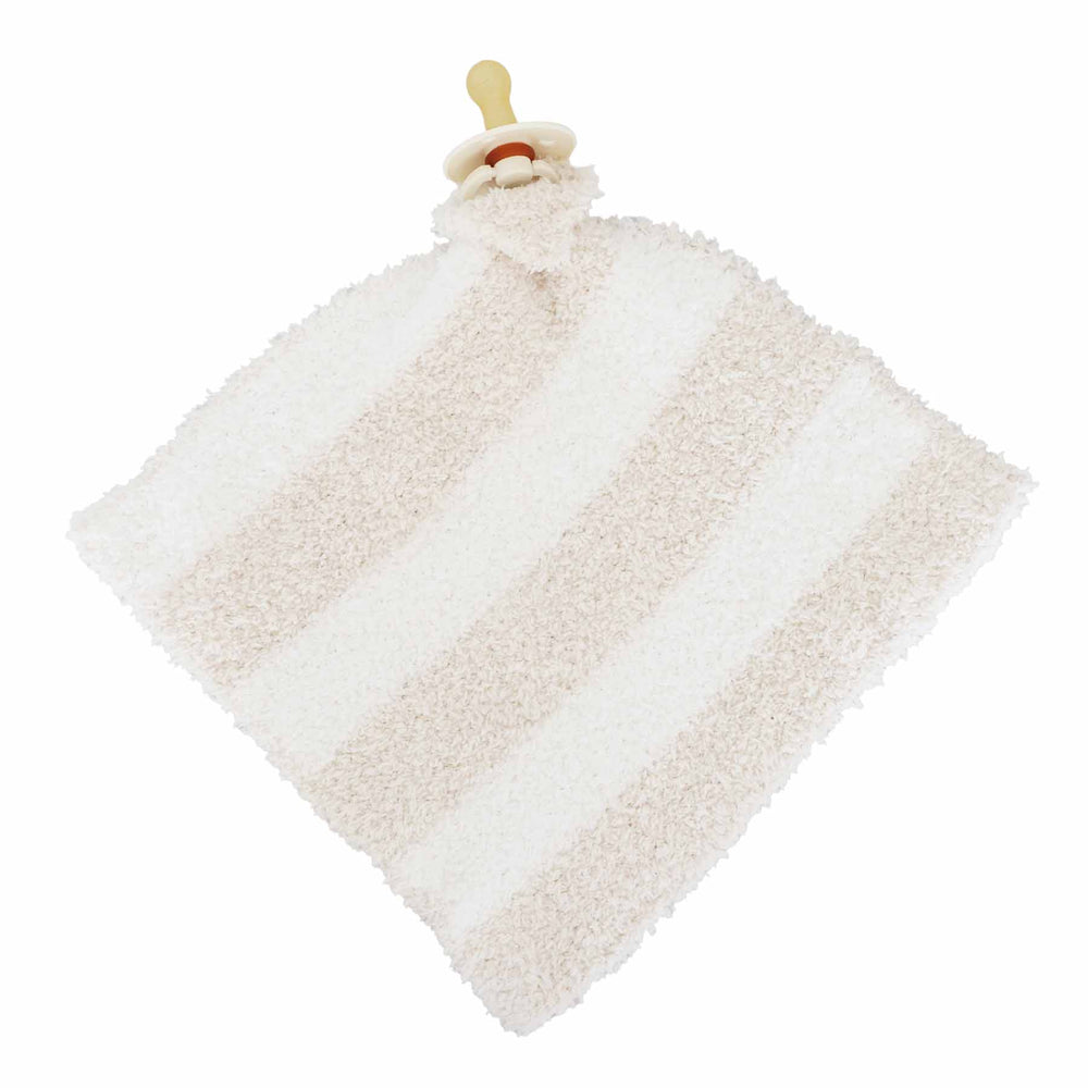 beige and white stripe microfiber lovey for babies attached to a neutral pacifier 