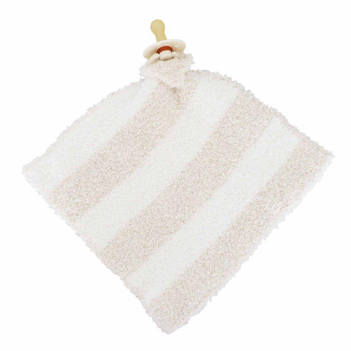 beige and white stripe microfiber lovey for babies attached to a neutral pacifier 