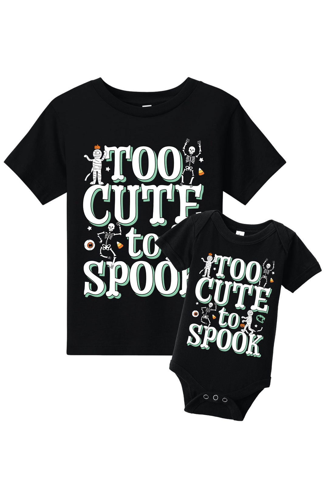 Black t-shirt and baby bodysuit with 'Too Cute to Spook' text on a white background