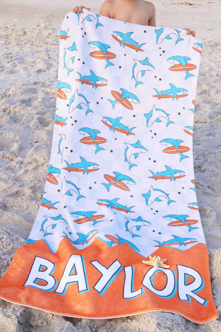 surfing shark personalized beach towel for boys 