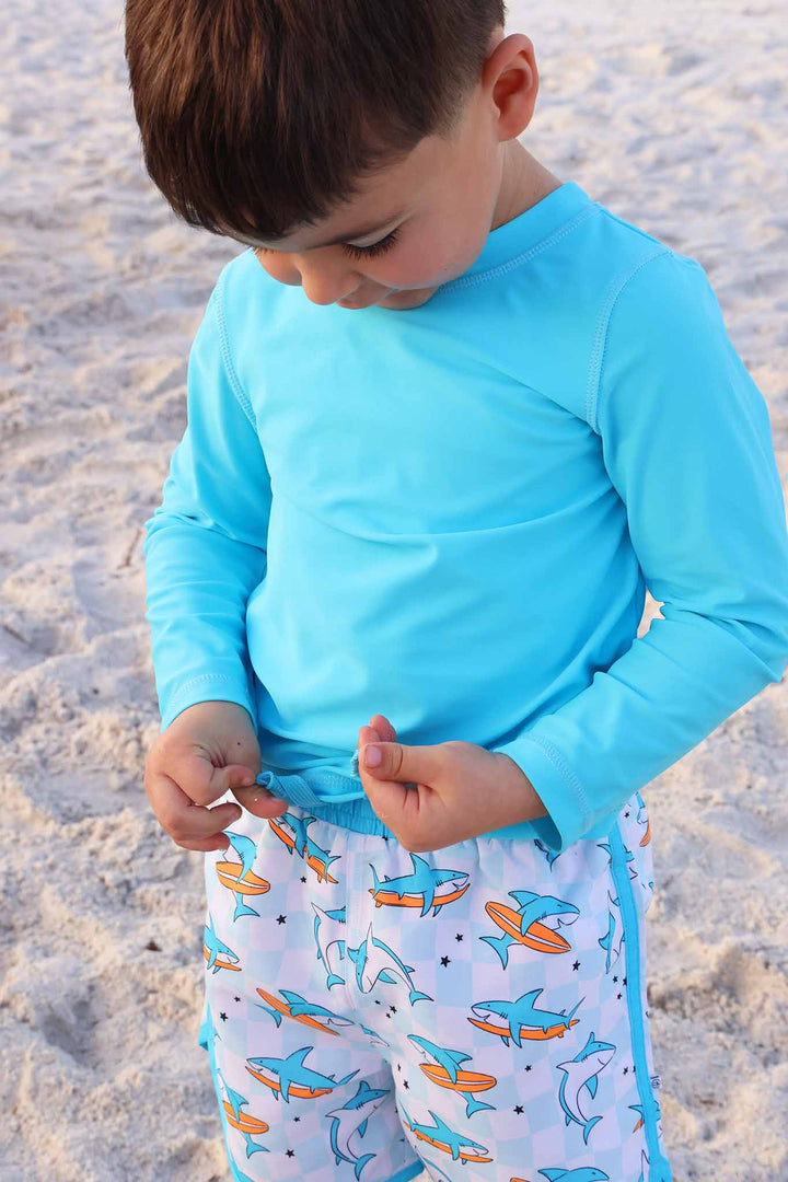 totally jawsome long sleeve rash guard shirt with matching swim trunks 