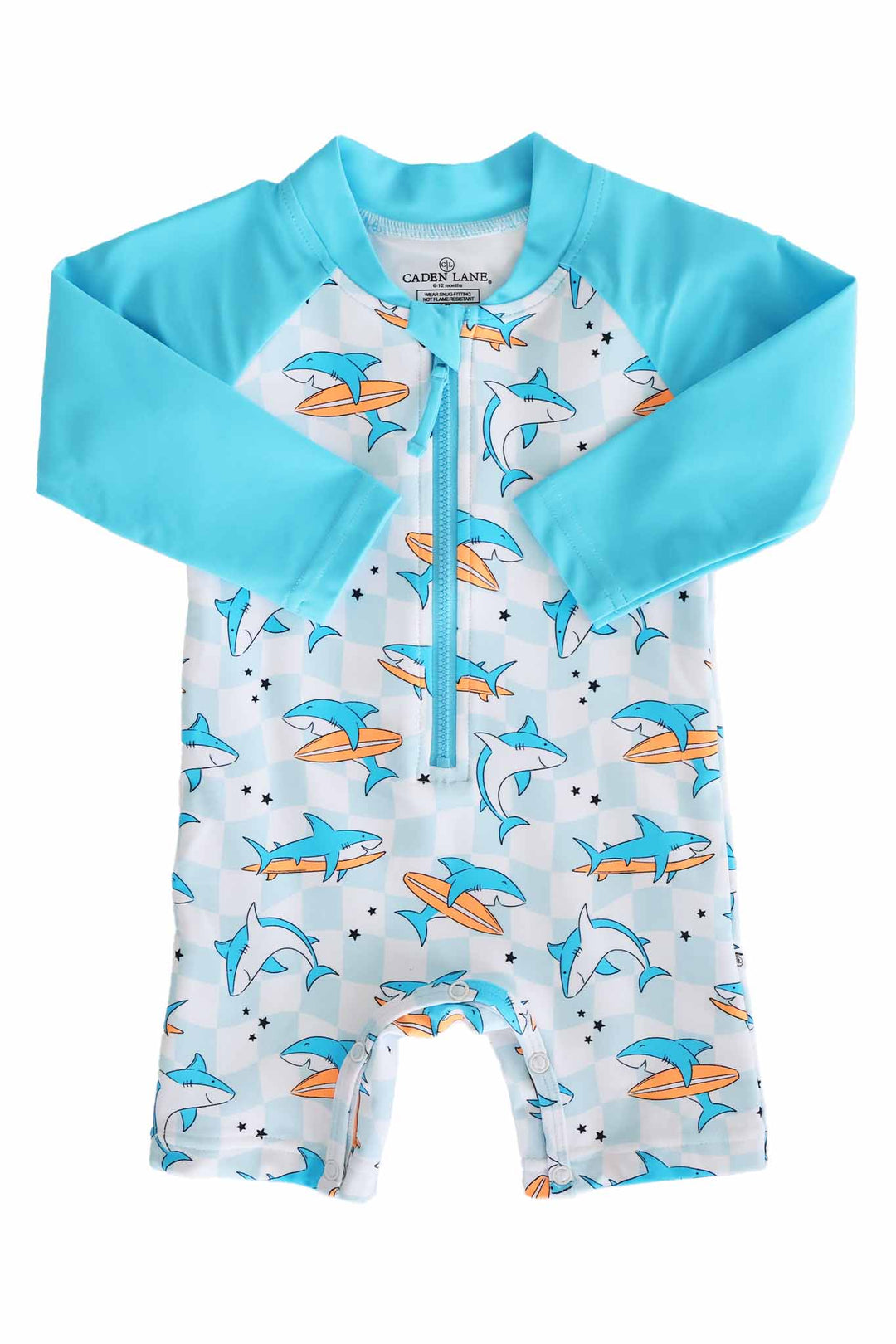 long sleeve rash guard swim romper shortie with front zipper in surfing shark print 