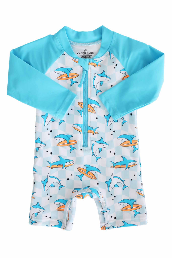 long sleeve rash guard swim romper shortie with front zipper in surfing shark print 