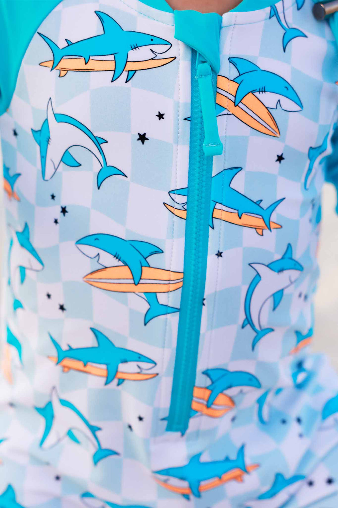 closeup of totally jawsome surfing shark print 