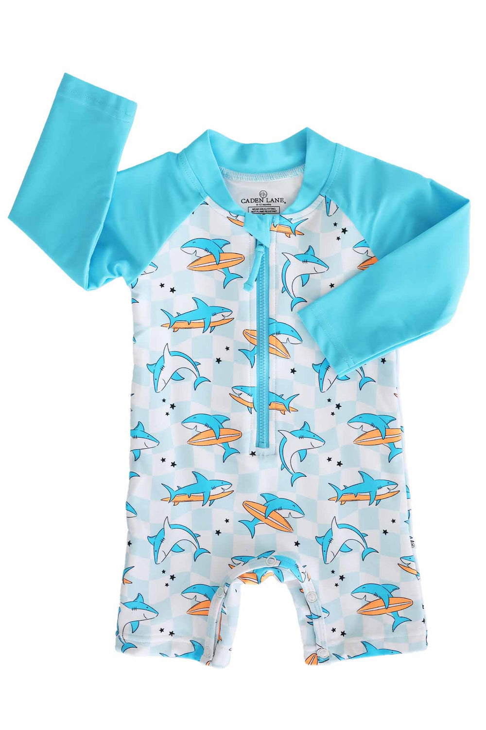 long sleeve rash guard swim romper shortie in totally jawsome 