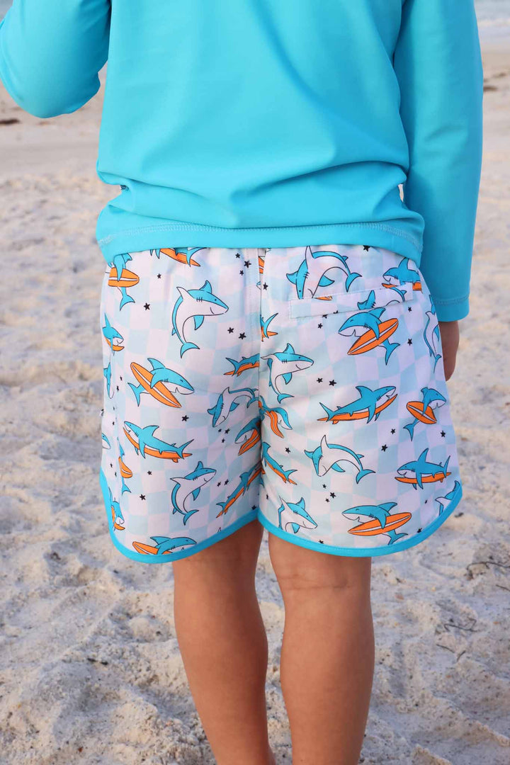 surfing shark boys swim trunks for babies, toddlers and kids 
