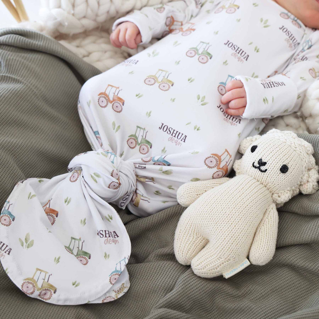 colorful tractor personalized knot gown for boys 