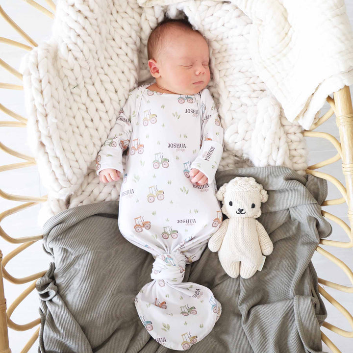 little farmer personalized knot gown for boys with colorful tractors 