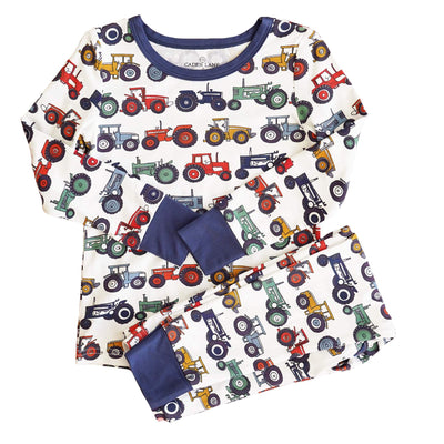 two piece pajama set for kids with tractors