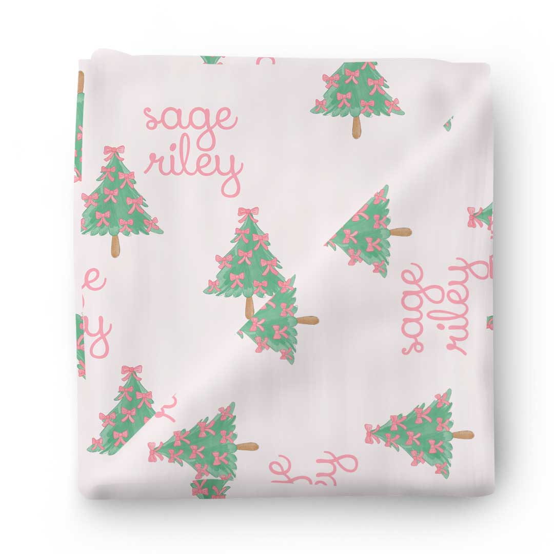 bow christmas tree personalized swaddle blanket 