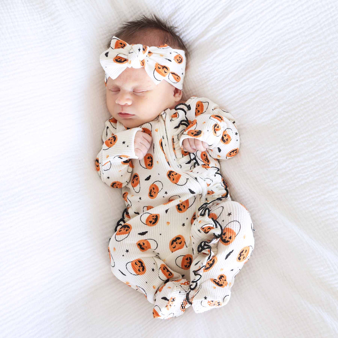 jack o lantern trick or treat bag headwrap for baby girls 