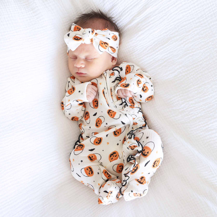 jack o lantern trick or treat bag headwrap for baby girls 