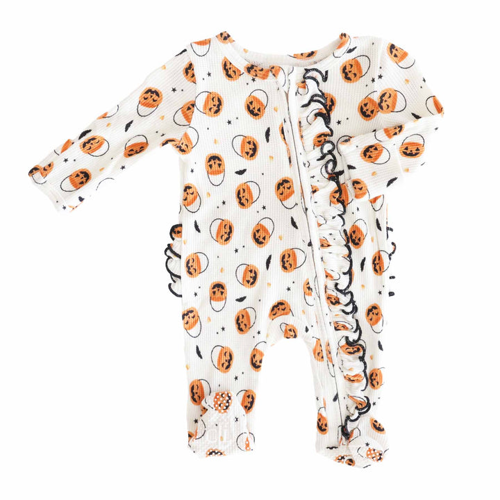 girls halloween bamboo waffle zipper footie with ruffle trick or treat