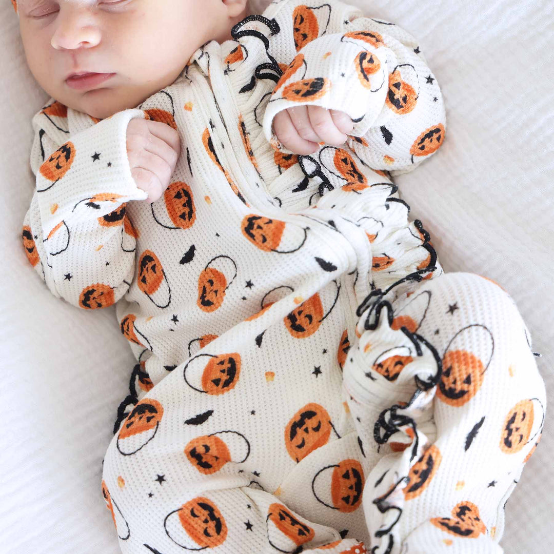 trick or treat flip mitt ruffle zipper footie for baby girls 