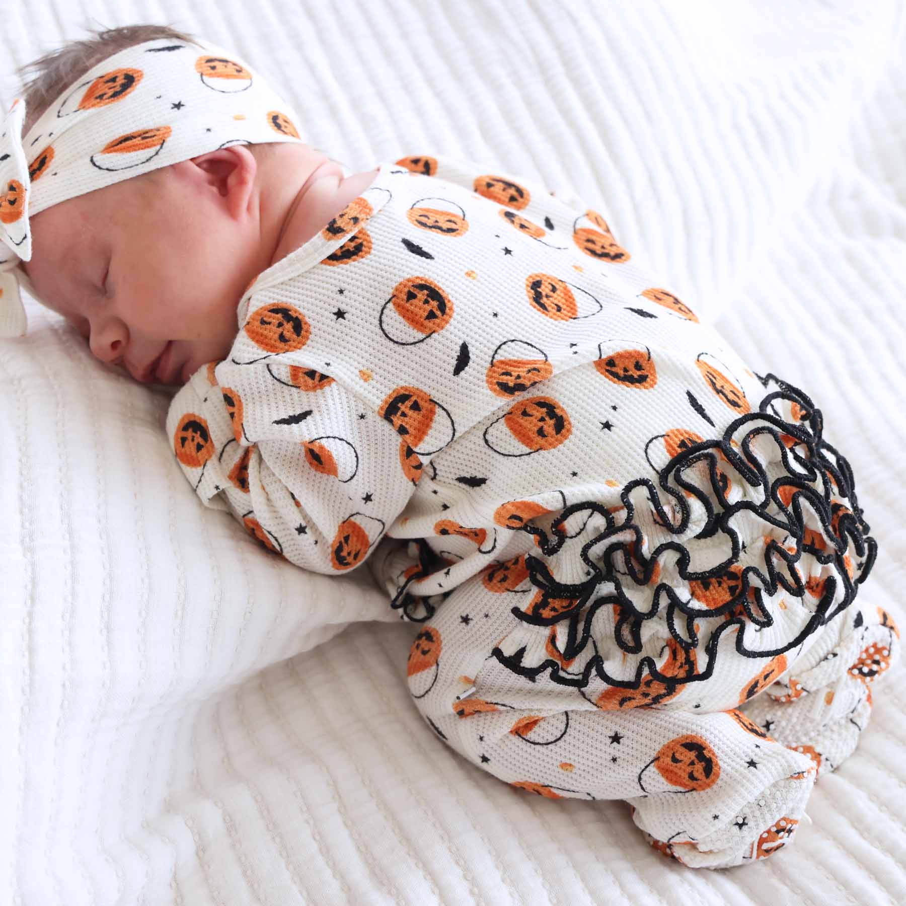 Trick or Treat Bamboo Waffle Ruffle Zipper Footie