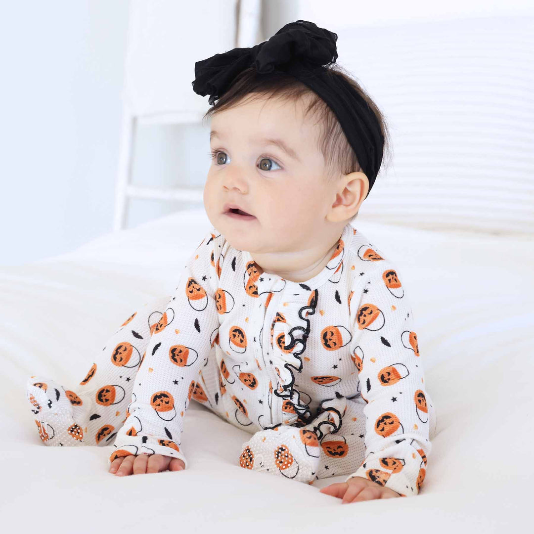 bamboo waffle halloween baby zipper footie with ruffles 