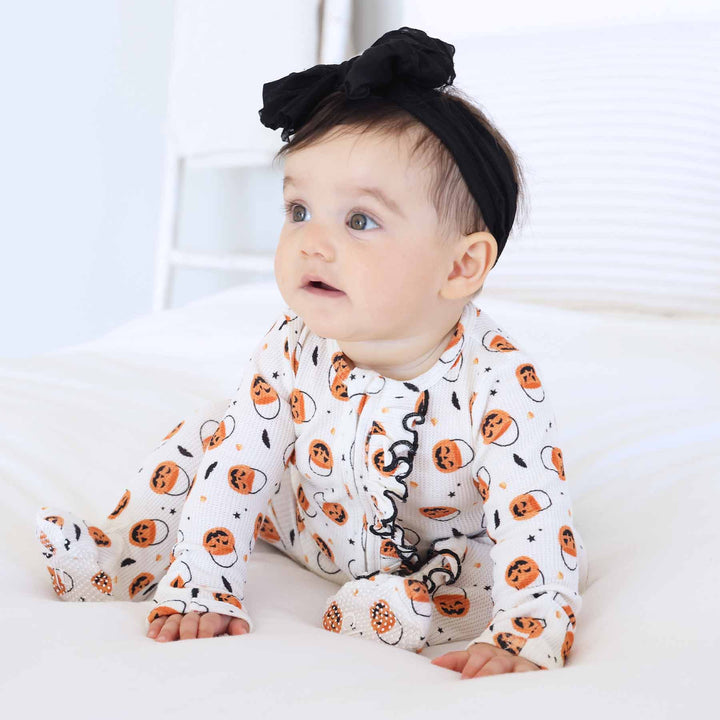 bamboo waffle halloween baby zipper footie with ruffles 