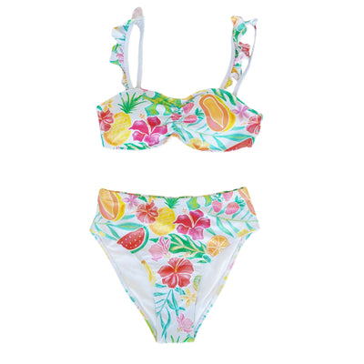 high waisted bikini with fruit and flowers