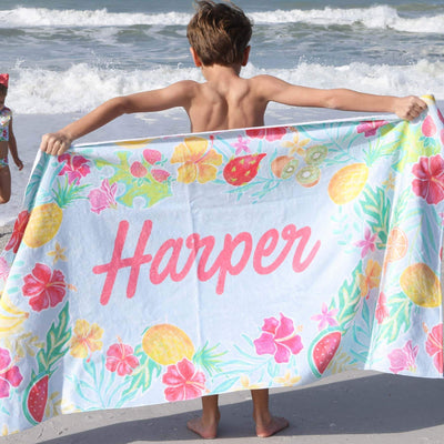 personalized beach towel for kids with fruit and flowers 